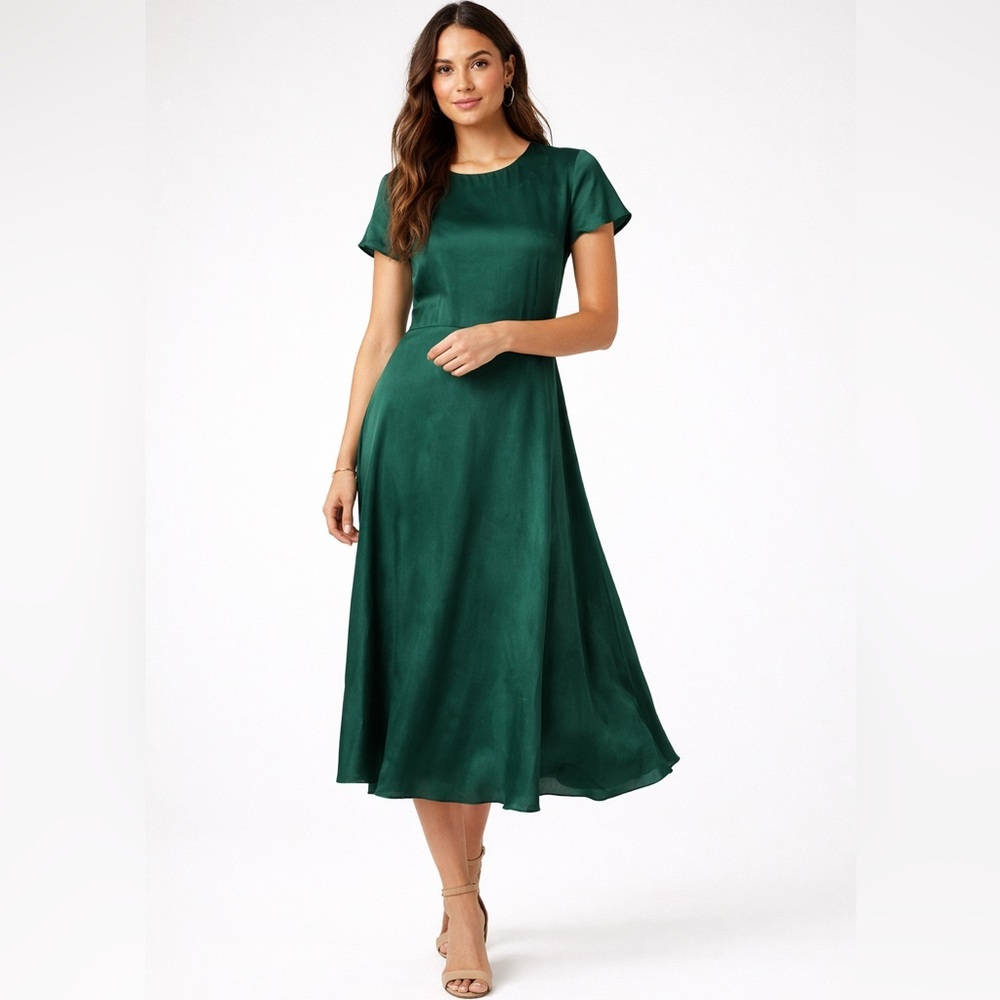 Bohme Dress Womens XXL Green Satin Smocked Back Midi